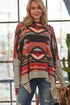 Multicolor Western Aztec Striped Mock Neck Dolman Sleeve Top